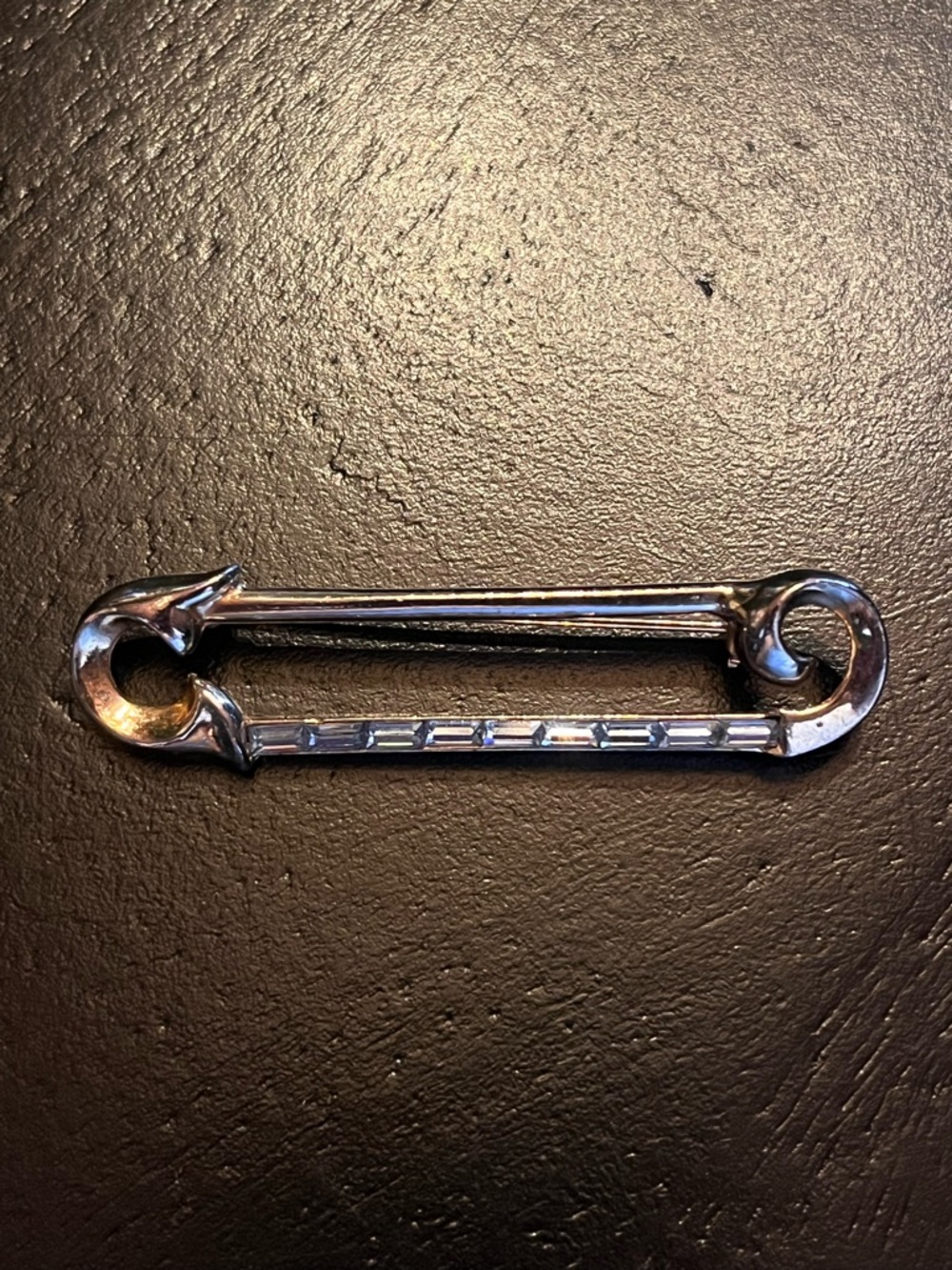 Vintage Silver Tone Safety Pin Brooch with Pale Blue Rhinestones